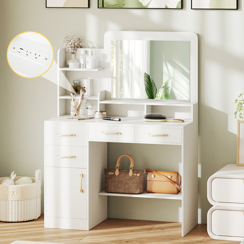 Vanity desk with mirror and power outlets, featuring drawers and shelves for storage, in a modern white finish.