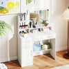 White 39.5-inch vanity desk with mirror, open shelves, drawers, and built-in power outlets for convenient storage.