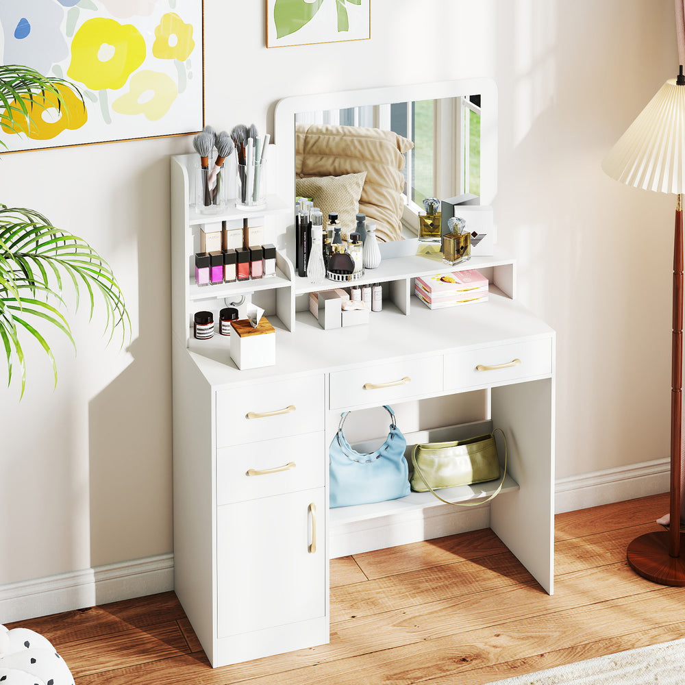 White 39.5-inch vanity desk with mirror, open shelves, drawers, and built-in power outlets for convenient storage.