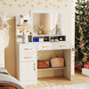 White 39.5-inch vanity desk with mirror, drawers, and power outlets, perfect for stylish bedroom organization.