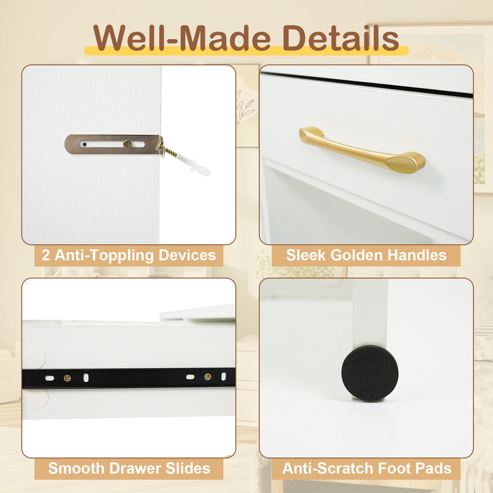 Close-up of the 39.5 inch white vanity desk's sleek golden handles and smooth drawer slides for stylish functionality.