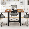 Square conference table with rustic brown finish, sturdy metal frame, and thickened tabletop for meetings or dining.