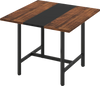 Square conference table with rustic brown wood grain finish, robust metal frame, and adjustable foot pads for stability.