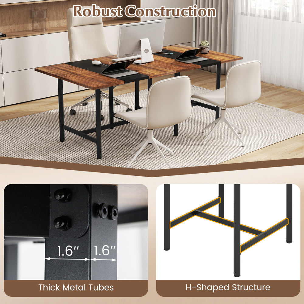 Square conference table with a rustic brown finish, featuring a thickened tabletop and robust metal frame for stability.