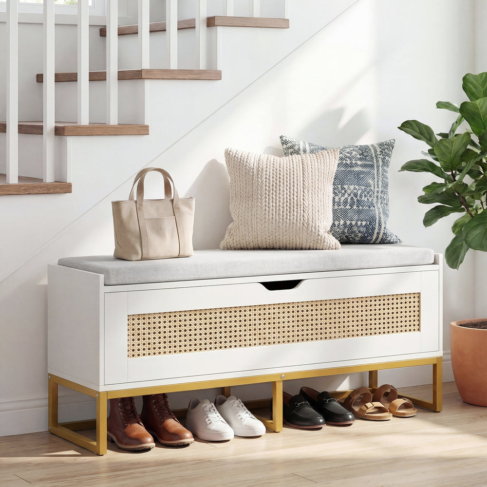 39.5" Rattan Storage Chest Wicker Shoe Bench with Padded Seat Flip-Top-White - Gallery View 1 of 10