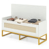 Rattan storage chest with padded seat, white finish, and gold metal legs, ideal for entryway or bedroom organization.