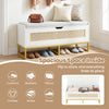 Rattan storage chest with padded seat in white, featuring ample storage for shoes and blankets, ideal for entryways.