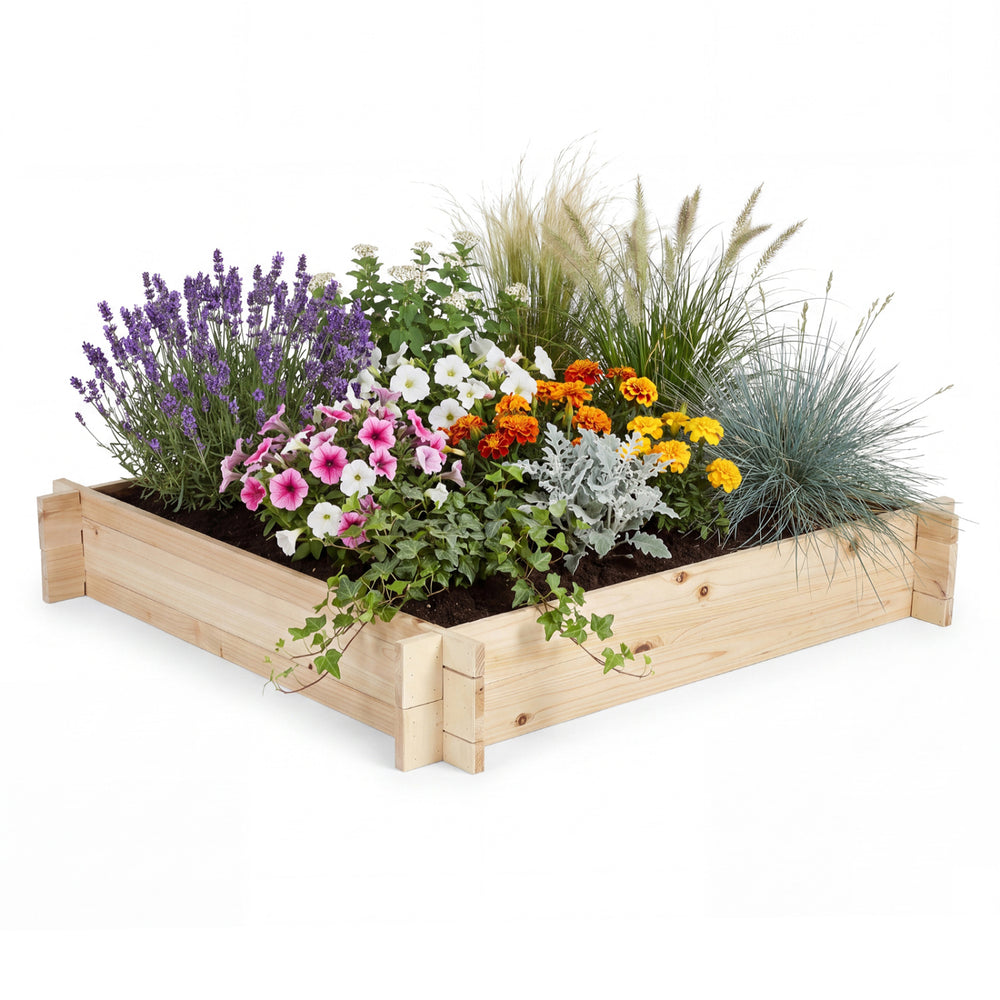 Square wooden raised garden bed filled with colorful flowers and greenery, perfect for outdoor gardening.