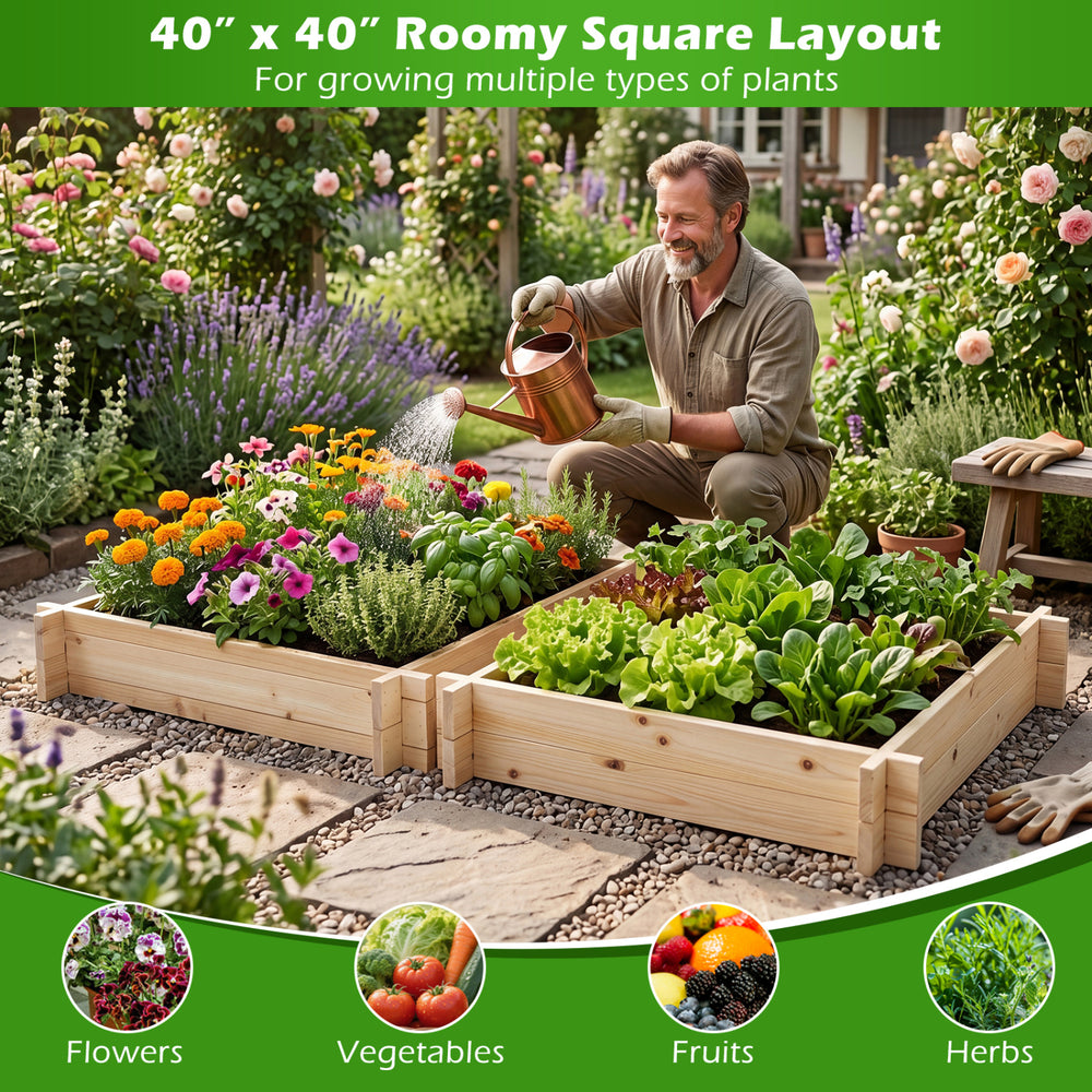 Square wooden raised garden bed, 39.5" x 39.5", filled with flowers, vegetables, and herbs for versatile planting.