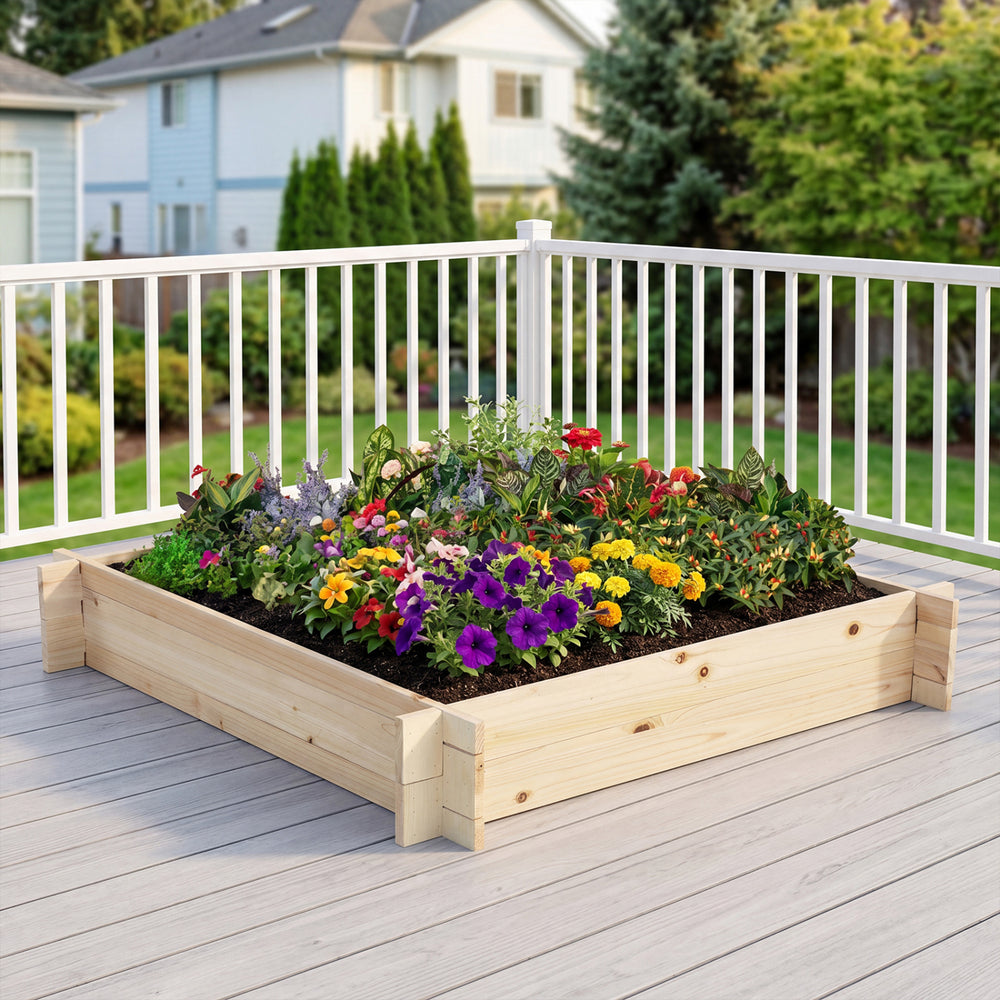 Square wooden raised garden bed in natural finish, 39.5" x 39.5", filled with colorful flowers on a patio.