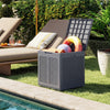 Gray 39-gallon deck box with a lockable lid, ideal for storing patio cushions and poolside essentials.