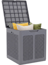 Gray 39-gallon deck box with lockable lid, ideal for storing patio furniture cushions and versatile for outdoor use.