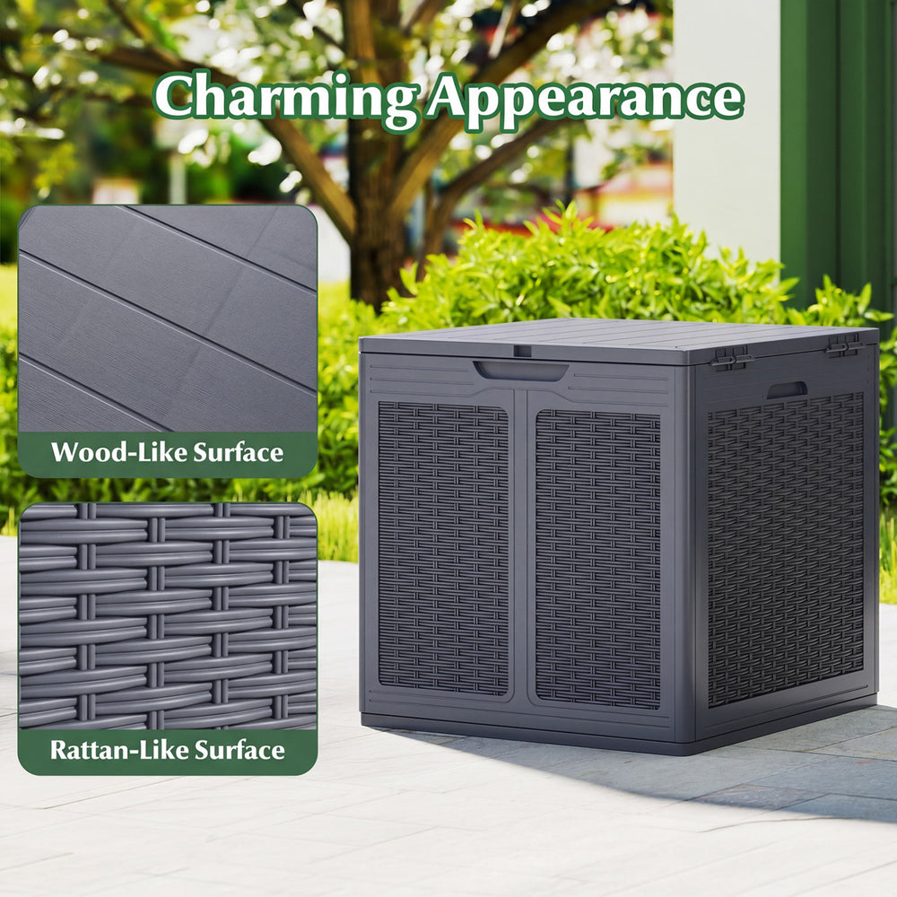 39-gallon gray deck box features a wood-like top and rattan-like surface, ideal for patio storage and package delivery.