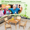 39" acacia wood dining table for 4 with natural finish and umbrella hole, ideal for patio gatherings.
