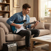 39-inch electric guitar in blue being played on a sofa, featuring classic SSS pickups and a portable amplifier.