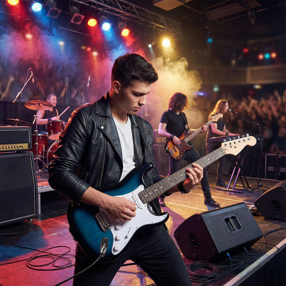39-inch electric guitar in blue with 22 frets and amplifier, ideal for beginner musicians and versatile playing styles.