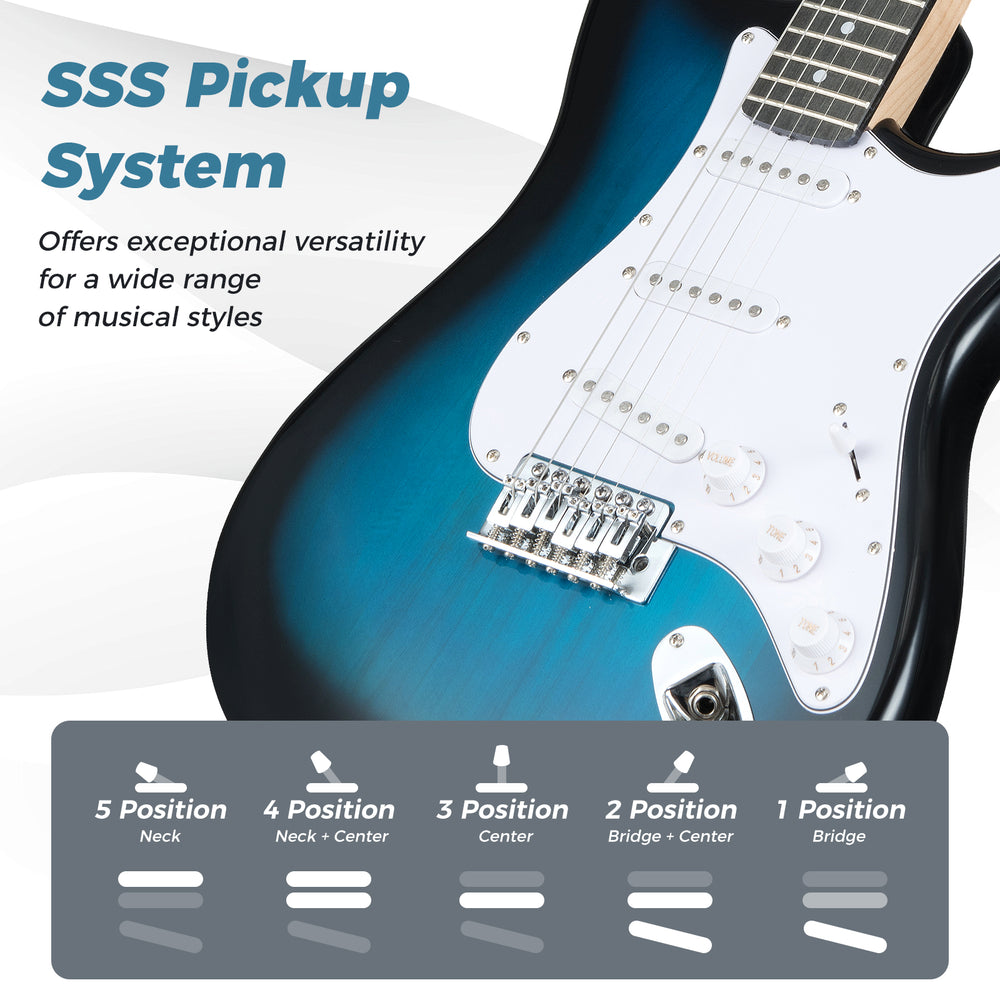 Close-up of the 39-inch electric guitar's SSS pickup system, showcasing its versatile sound options for beginners.