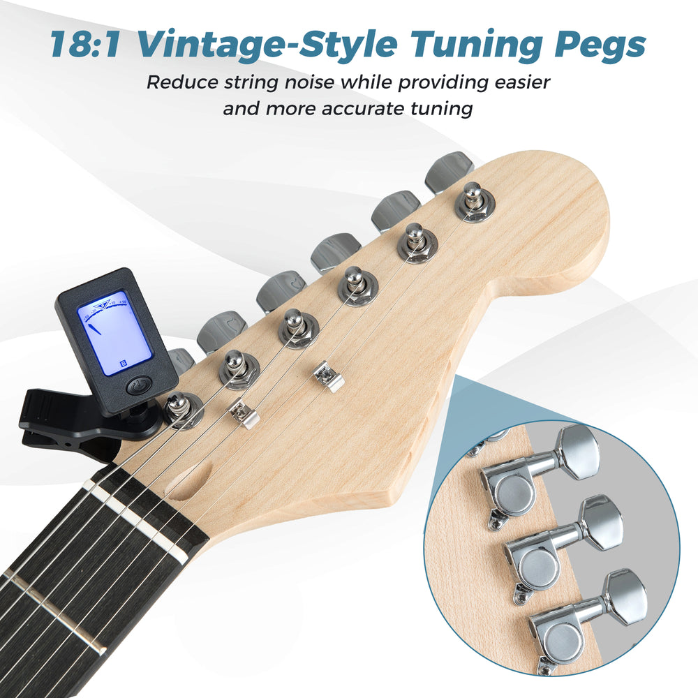 Vintage-style tuning pegs on a blue electric guitar, designed for easier tuning and reduced string noise.