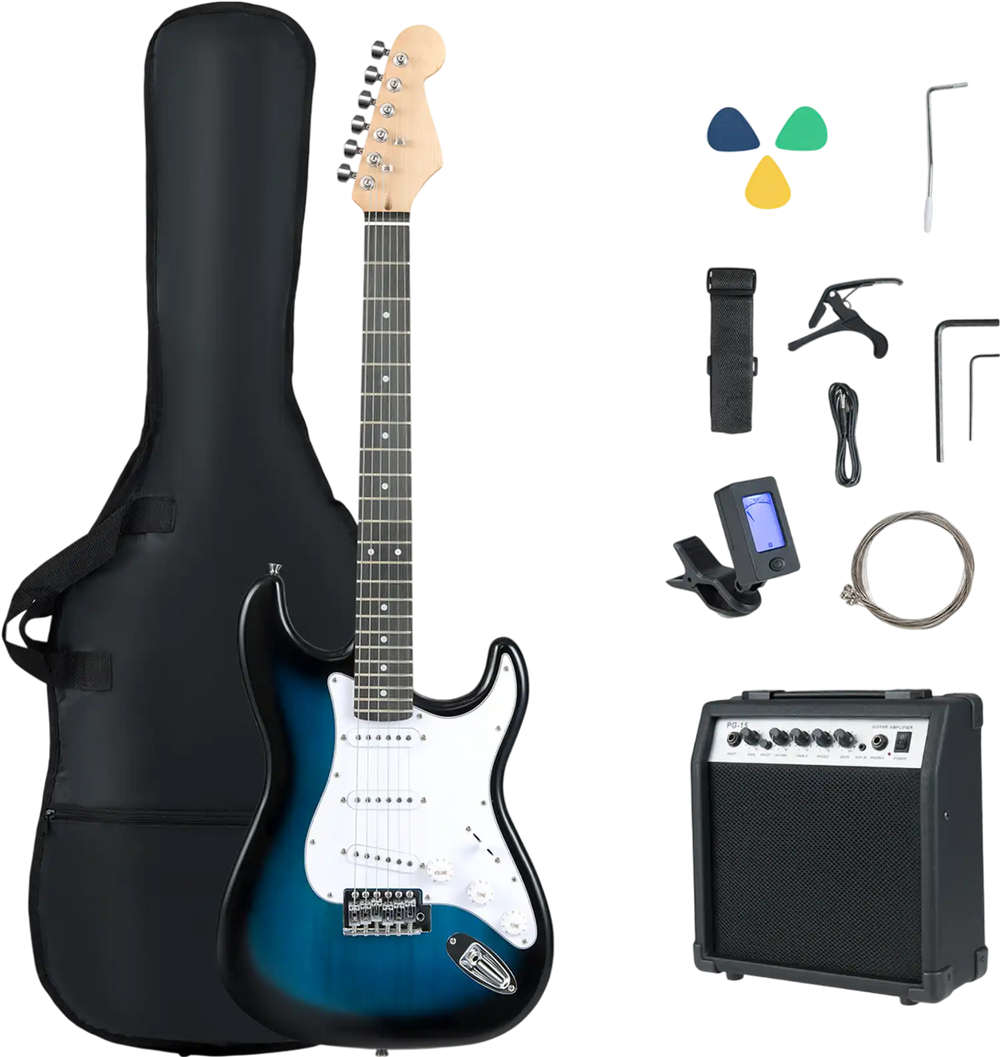 39-inch electric guitar beginner kit in blue with amplifier, gig bag, and accessories for versatile music styles.