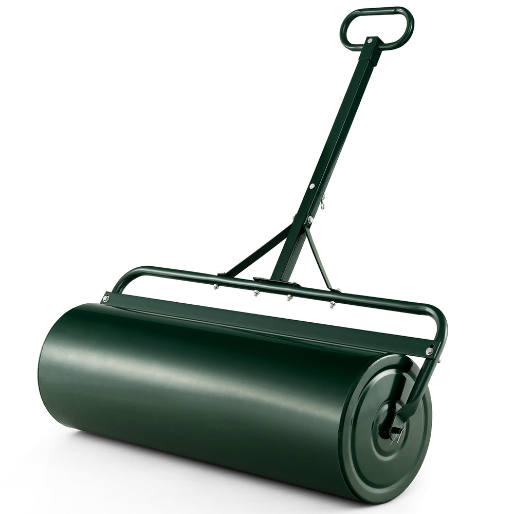 39-inch green lawn roller features a removable drain plug for easy filling with water or sand, perfect for garden use.