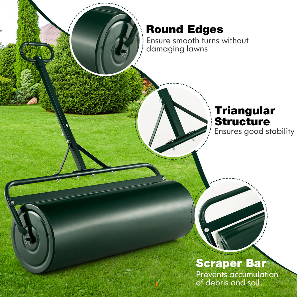 39-inch wide push/tow lawn roller with triangular structure and round edges for stability, ideal for yard and garden.
