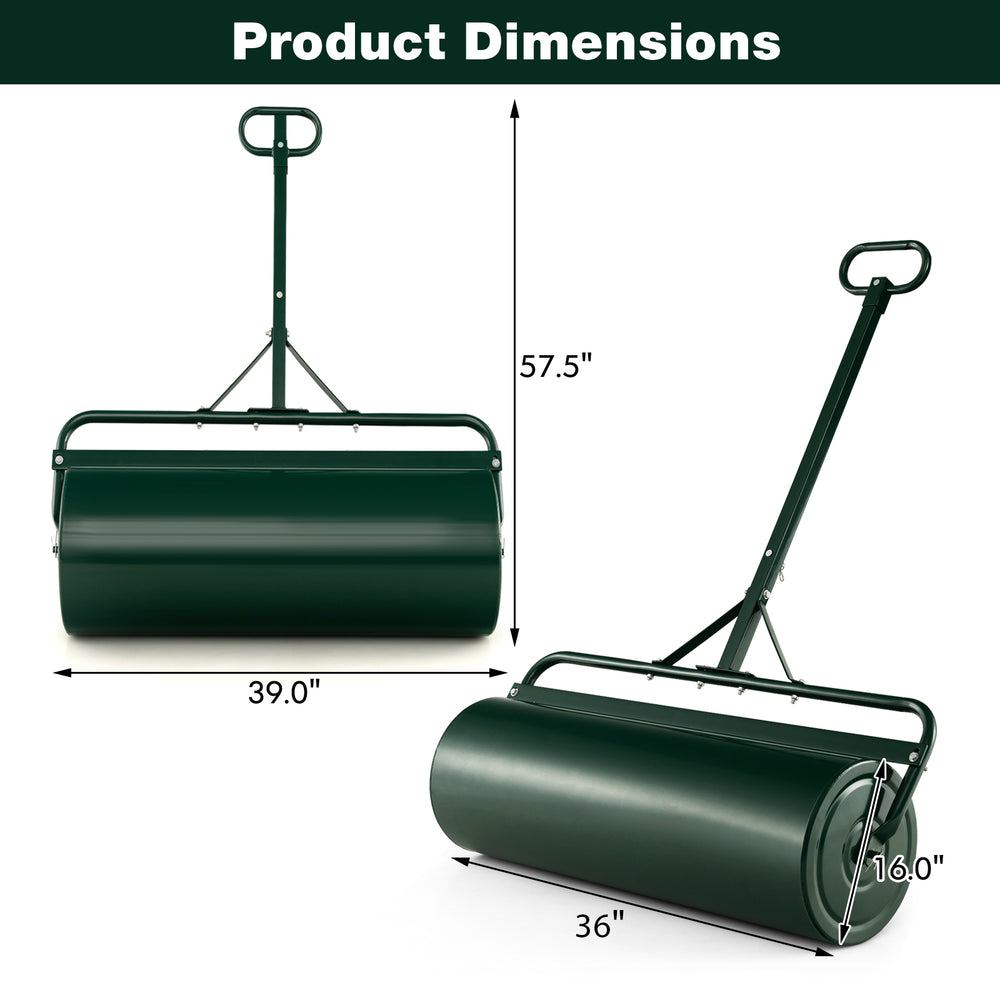 39-inch wide green lawn roller with dimensions, made of powder-coated metal for durability and easy towing behind a.
