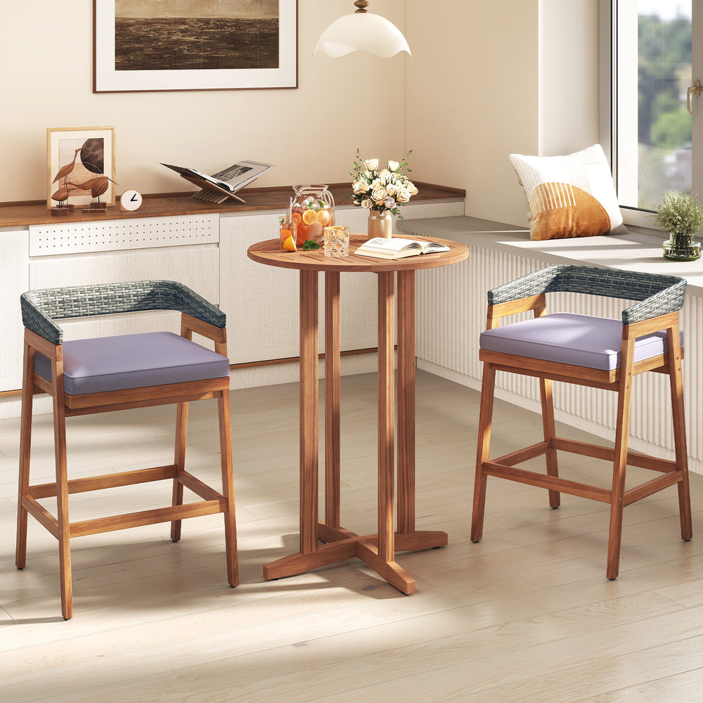 39-inch outdoor acacia wood bar table with slatted top, perfect for 2-4 people on patio or balcony.