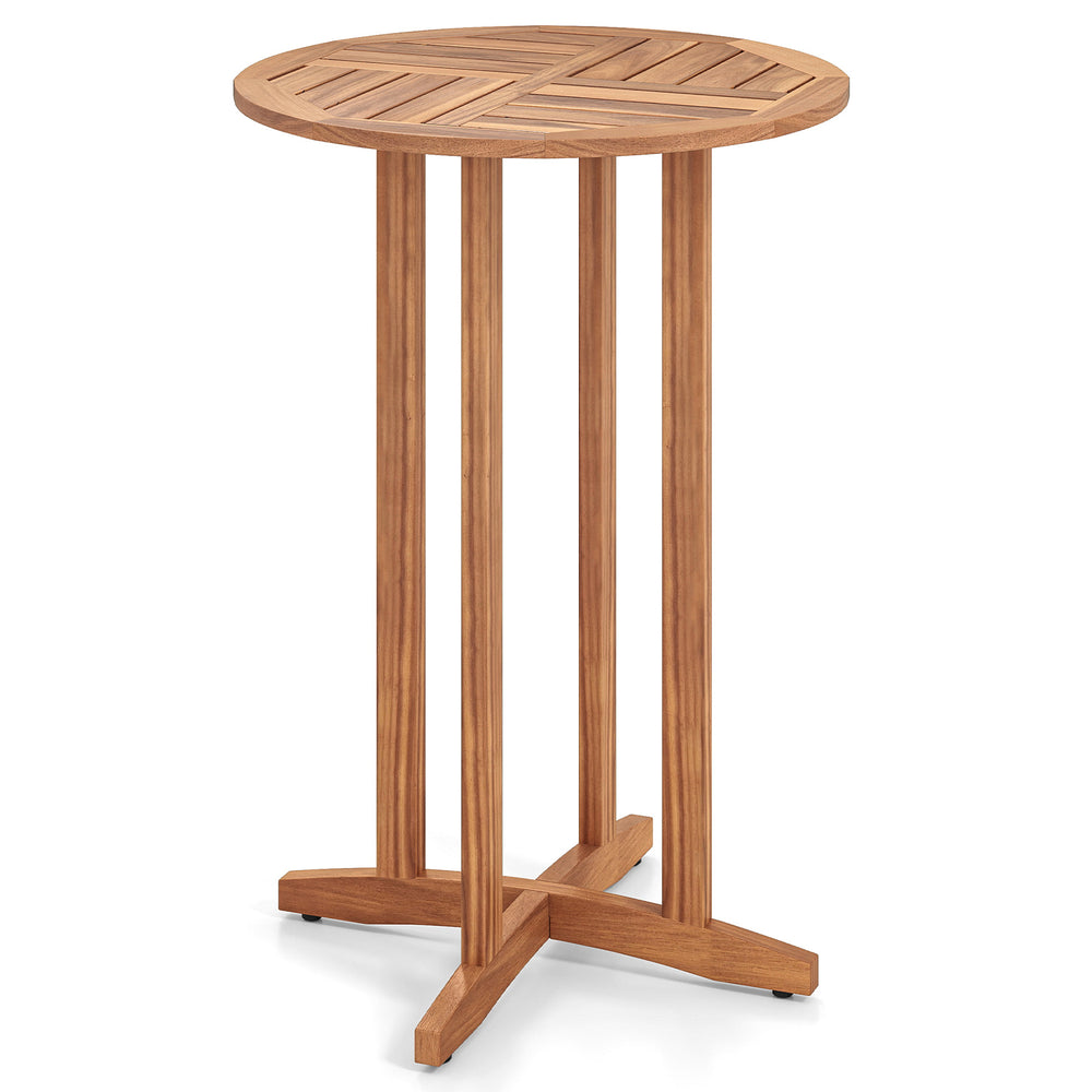 39-inch outdoor acacia wood bar table with slatted top, perfect for patio or poolside gatherings, accommodates 2-4.