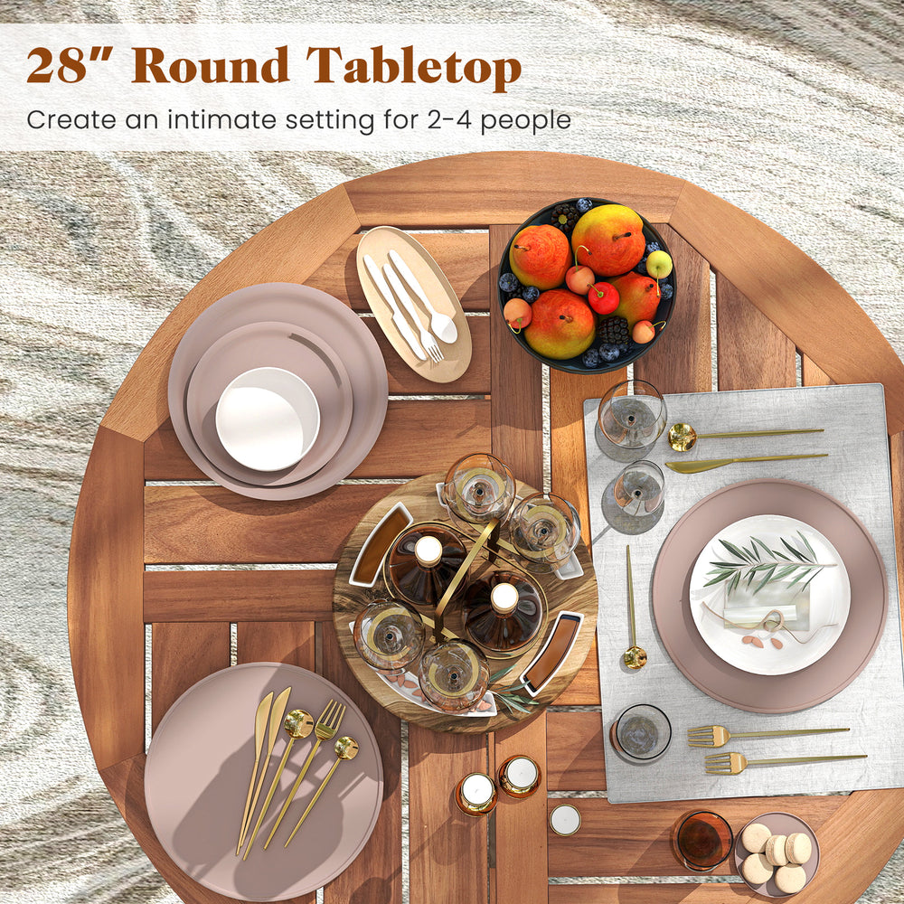 28" round acacia wood tabletop set for 2-4 people, featuring slatted design for easy cleaning, ideal for patio use.