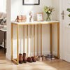 Modern console table with white top and gold metal frame, featuring built-in charging station for entryway organization.