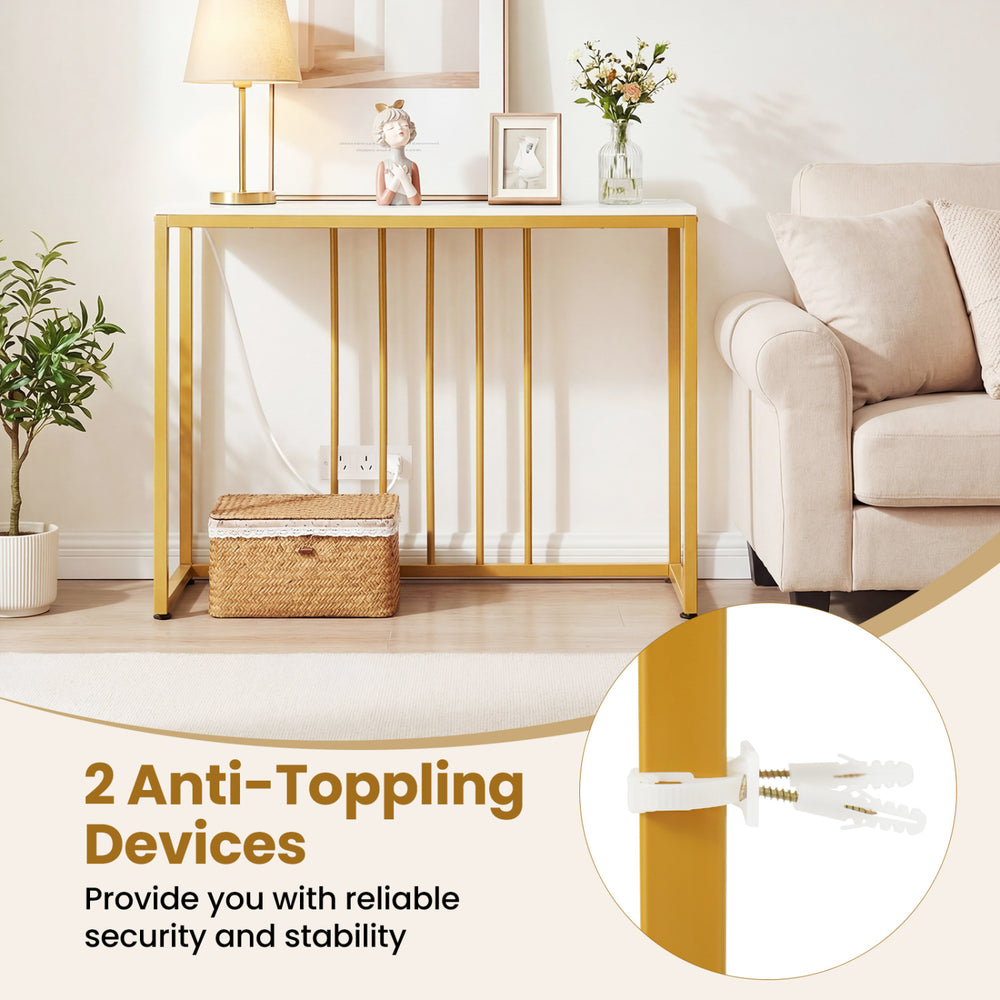 Modern console table with built-in charging station, featuring 2 anti-toppling devices for added stability and safety.