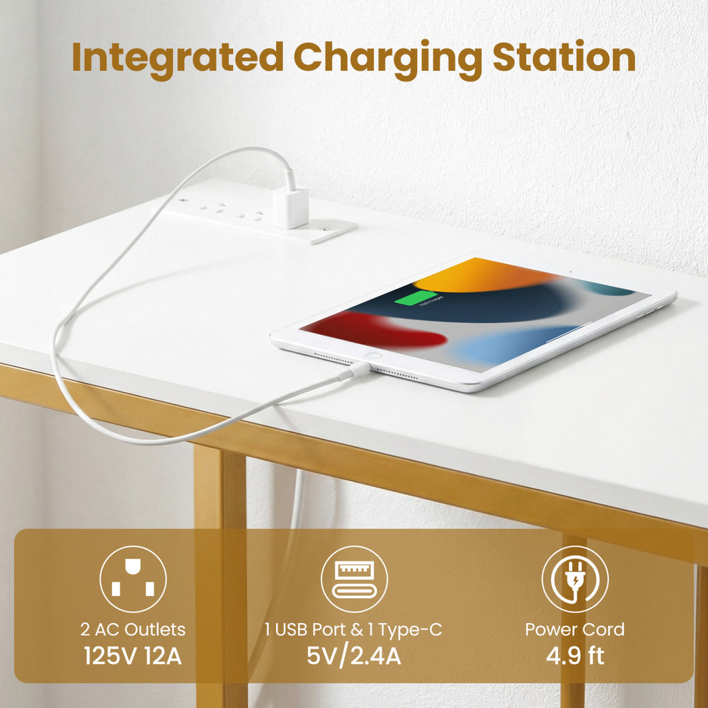 Modern console table with built-in charging station, featuring 2 AC outlets and 1 USB port for convenient device.