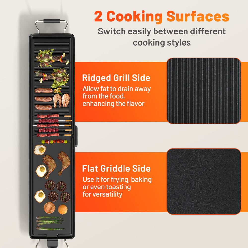 Extra large 39.5-inch electric griddle with ridged grill and flat griddle surfaces for versatile cooking styles.