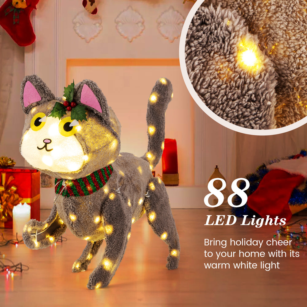 Adorable 3D cute cat decoration lit with 88 energy-saving LED lights, showcasing a playful pose for festive indoor joy.