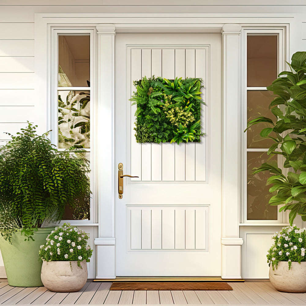 20" x 20" 3D hanging greenery hedge featuring 11 types of faux plants, perfect for indoor or outdoor decor.