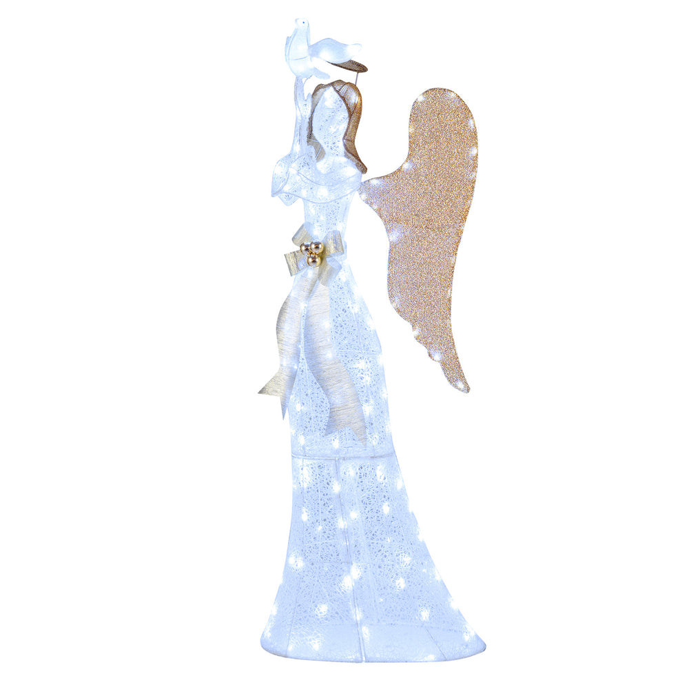 3D lighted angel Christmas decoration with golden wings, holding a pigeon, featuring 150 LED lights for indoor or.