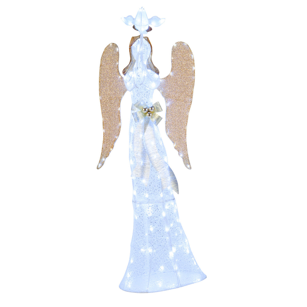 3D lighted angel Christmas decoration with golden wings, 150 LED lights, ideal for indoor or outdoor holiday displays.