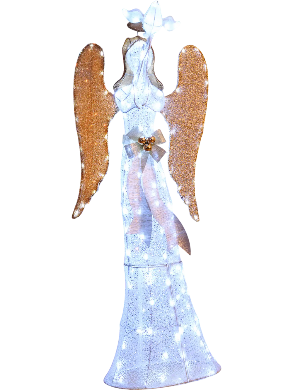 3D lighted angel Christmas decoration with golden wings, 150 LED lights, perfect for indoor or outdoor holiday displays.