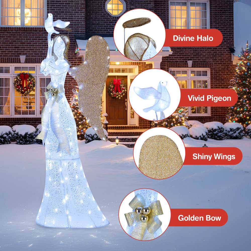 3D lighted angel Christmas decoration with golden wings, halo, and vivid pigeon, perfect for indoor or outdoor display.