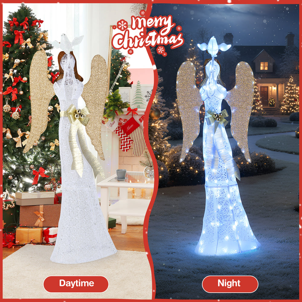 3D lighted angel Christmas decoration with golden wings, 150 LED lights, suitable for indoor and outdoor use.