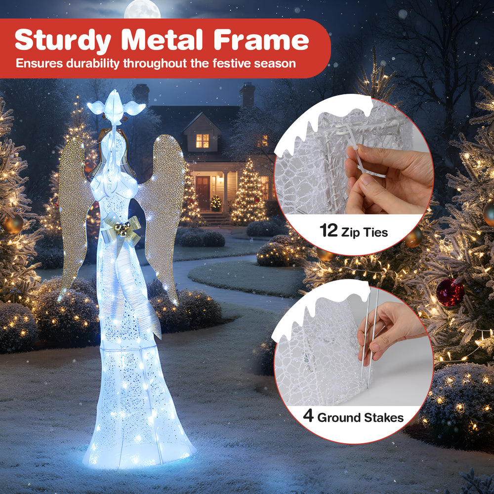 3D lighted angel Christmas decoration with golden wings, 150 LED lights, and sturdy metal frame for indoor/outdoor use.