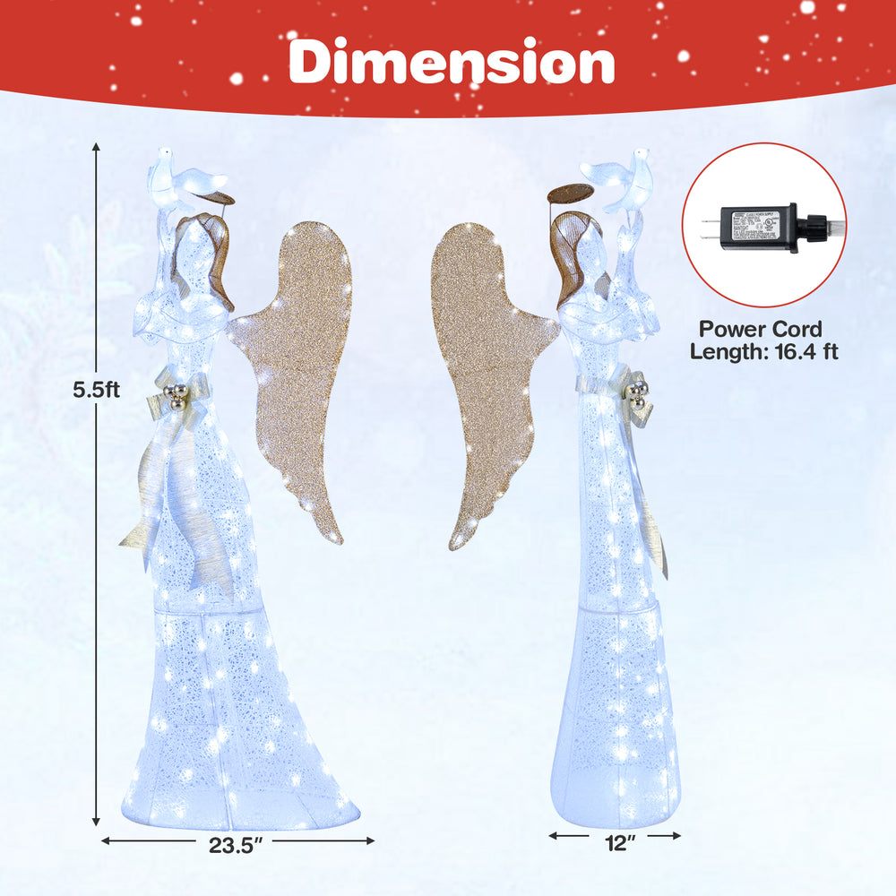 3D lighted angel Christmas decoration, 5.5 FT tall with golden wings, 150 LED lights, suitable for indoor and outdoor.