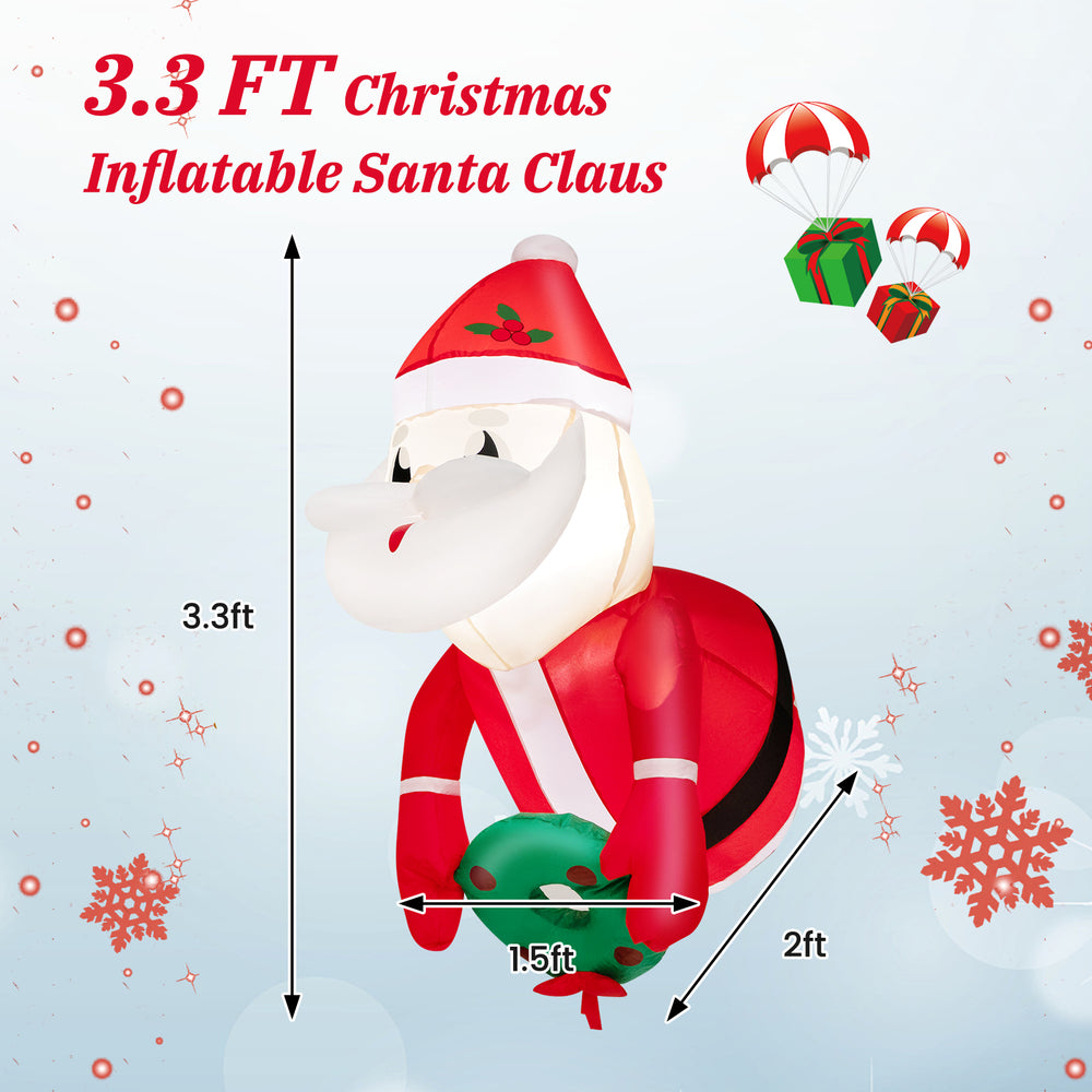 3.3 feet inflatable Santa Claus with LED lights, wearing a Christmas hat, perfect for indoor and outdoor holiday decor.