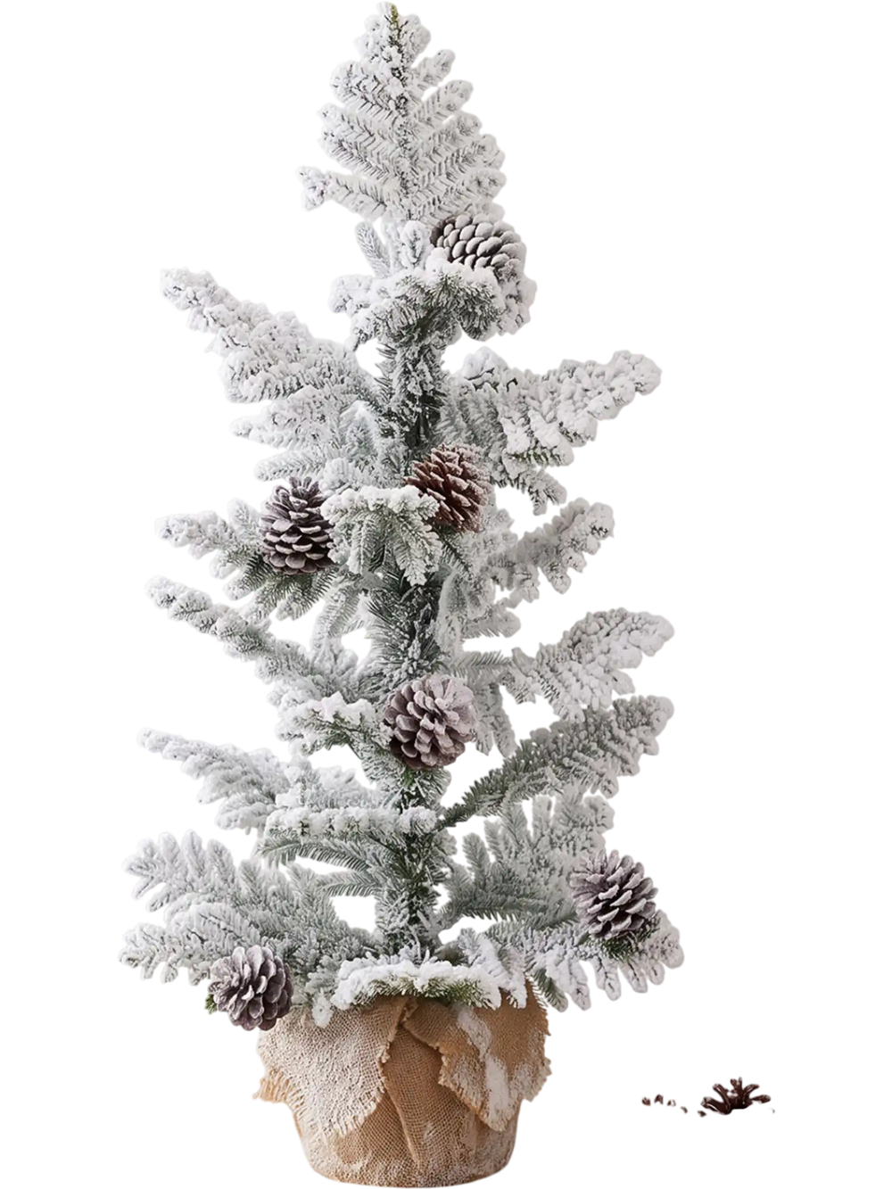 3FT mini tabletop Christmas tree with snow flocked PE leaves, featuring pine cones and a linen-wrapped base for festive decor.