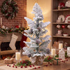 Mini tabletop Christmas tree with snow-flocked PE leaves, featuring pine cones and a stable linen-wrapped base for festive decor.