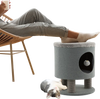 Gray 3-in-1 cat condo stool with scratching posts and plush ball toy, perfect for cozy seating and feline play.