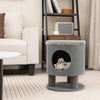Gray 3-in-1 cat condo stool with scratching posts and plush ball toy, perfect for cozy resting and play.