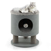 Gray 3-in-1 cat condo stool with plush top, scratching posts, and dangling ball toy for cozy lounging and play.
