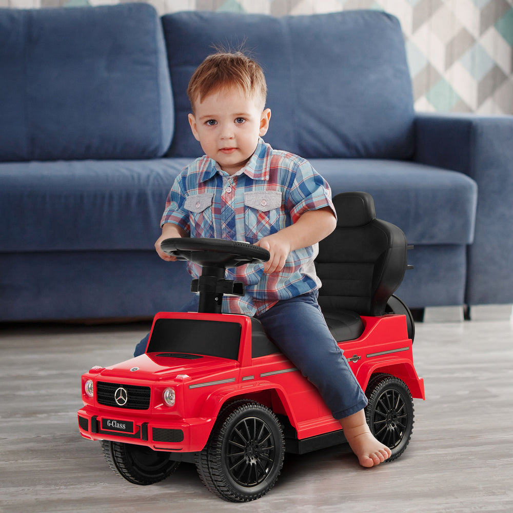 Red Mercedes Benz G350 ride-on push car for kids, featuring a steering wheel, adjustable canopy, and under-seat storage.