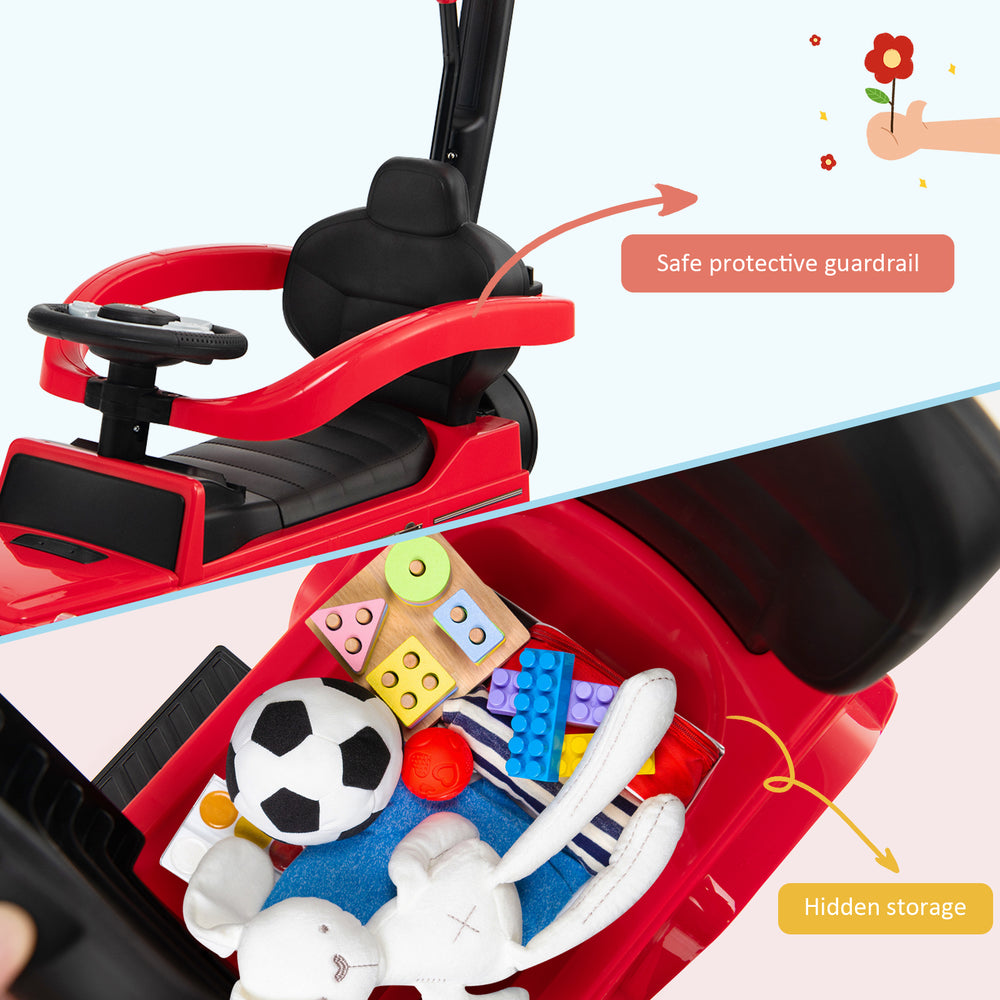 3-in-1 ride on push car with protective guardrail and hidden storage, designed for kids aged 1-3 years, in red.